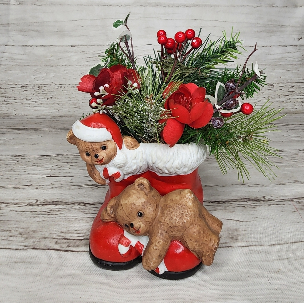 House Of Lloyd Teddy Bears With Santa Boot Planter